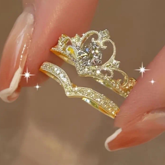 💕Elegant Crown Princess-Inspired Rhinestone Ring set, Adjustable Open-End Rings - Picture 2 of 2